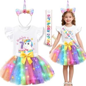 Super Big Sister Girls Unicorn Birthday Dress Costume LED Unicorn Outfit Shirt Tutu Headband Sash Halloween Birthday Gifts (7 years)