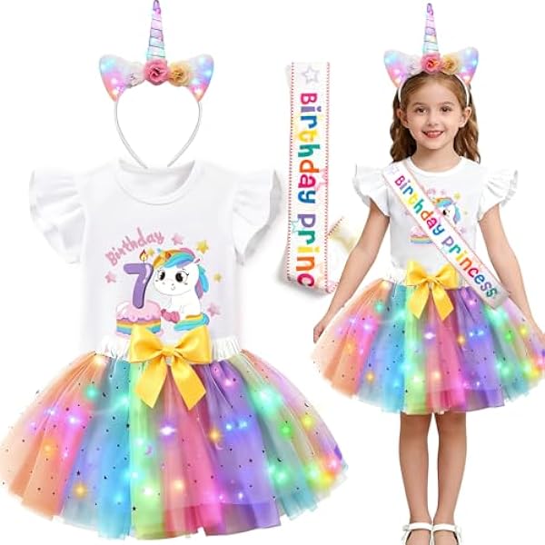 Super Big Sister Girls Unicorn Birthday Dress Costume LED Unicorn Outfit Shirt Tutu Headband Sash Halloween Birthday Gifts (7 years)
