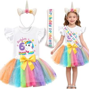 Super Big Sister Girls Unicorn Birthday Dress Costume LED Unicorn Outfit Shirt Tutu Headband Sash Halloween Birthday Gifts (6 years)
