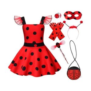 Lady Bug Dress Costume for Girls Polka Dots Tutu Dress Halloween Birthday Dress Up Pretend Play for Kids 3-8