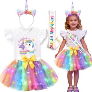 Super Big Sister Girls Unicorn Birthday Dress Costume LED Unicorn Outfit Shirt Tutu Headband Sash Halloween Birthday Gifts (4 years)
