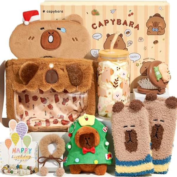 Capybara Plush Gifts for Girls & Boys, Capybara Gifts Box with Cup,Crossbody Bag,Stuffed Toys with Headgear&More, Party Favor Birthday Gifts for Kids Age 4 5 6 7 8 9 10-12 Years Old