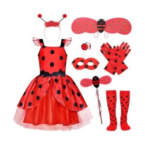 Girls Lady Bug Dress Costume Polka Dots Dress Halloween Dress Up Pretend Play Birthday Gifts for Kids 3-10