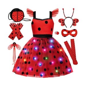 Super Big Sister 11pcs Girls Lady Bug Dress Costume Light Up Kids Toddler Princess Dress Up Clothes Accessories Bag Mask Earrings Headband Halloween Gifts (140)