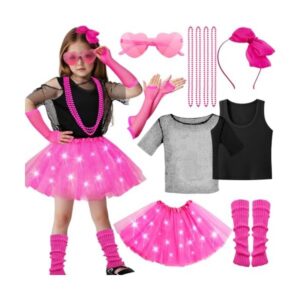 Super Big Sister 13pcs Girls 80s Outfit Costume Accessories Light Up Tutu Skirt Shirt Outfits Halloween 1980s 90s Theme Retro Party (L)