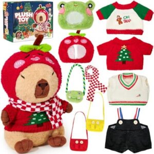 Capybara Plush with Clothes for Kids Girl Boy, 12pcs Soft Brown Stuffed Animal Toy Set, Dress-Up Outfit Accessories Hat/Bag/Scarf, Toddler Pretend Play Christmas Birthday Gift 3 4 5 6 7 8