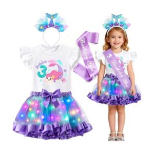 Girls Mermaid Costume LED Mermaid Birthday Outfit Top skirt Sash Headband Halloween Princess Dress Up Gift
