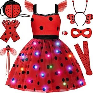 Super Big Sister 11pcs Girls Lady Bug Dress Costume Light Up Kids Toddler Princess Dress Up Clothes Accessories Bag Mask Earrings Headband Halloween Gifts (120)