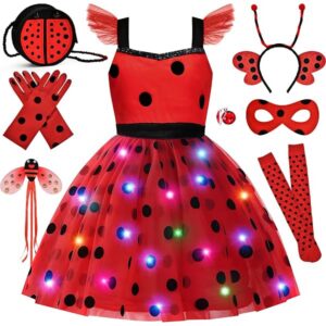 Super Big Sister 11pcs Girls Lady Bug Dress Costume Light Up Kids Toddler Princess Dress Up Clothes Accessories Bag Mask Earrings Headband Halloween Gifts (110)