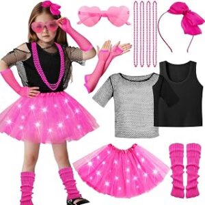 Super Big Sister 13pcs Girls 80s Outfit Costume Accessories Light Up Tutu Skirt Shirt Outfits Halloween 1980s 90s Theme Retro Party (S)