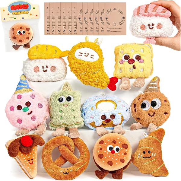 12 Pcs Food Plush Keychain Bulk Set, Cute Mini Stuffed Animal Keychains for Backpack Pendant Charms, Soft Plush Toys for Kids Birthday Party Favors, Goodie Bags, Classroom Prizes & Gift Fillers